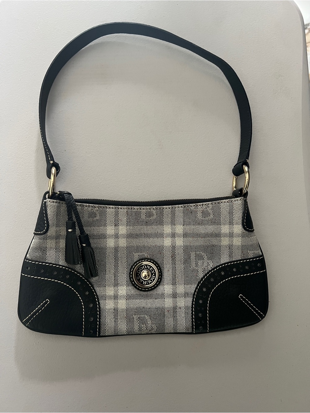 Dooney & Bourke Black and Gray Plaid Shoulder Bag with Tassel early 2000